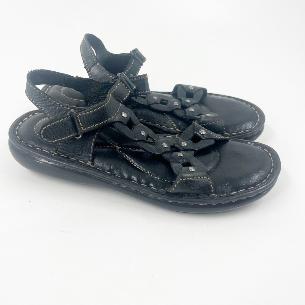✅ Born Sandals 7M Black Leather Comfort Heel Rivets Strappy Boho